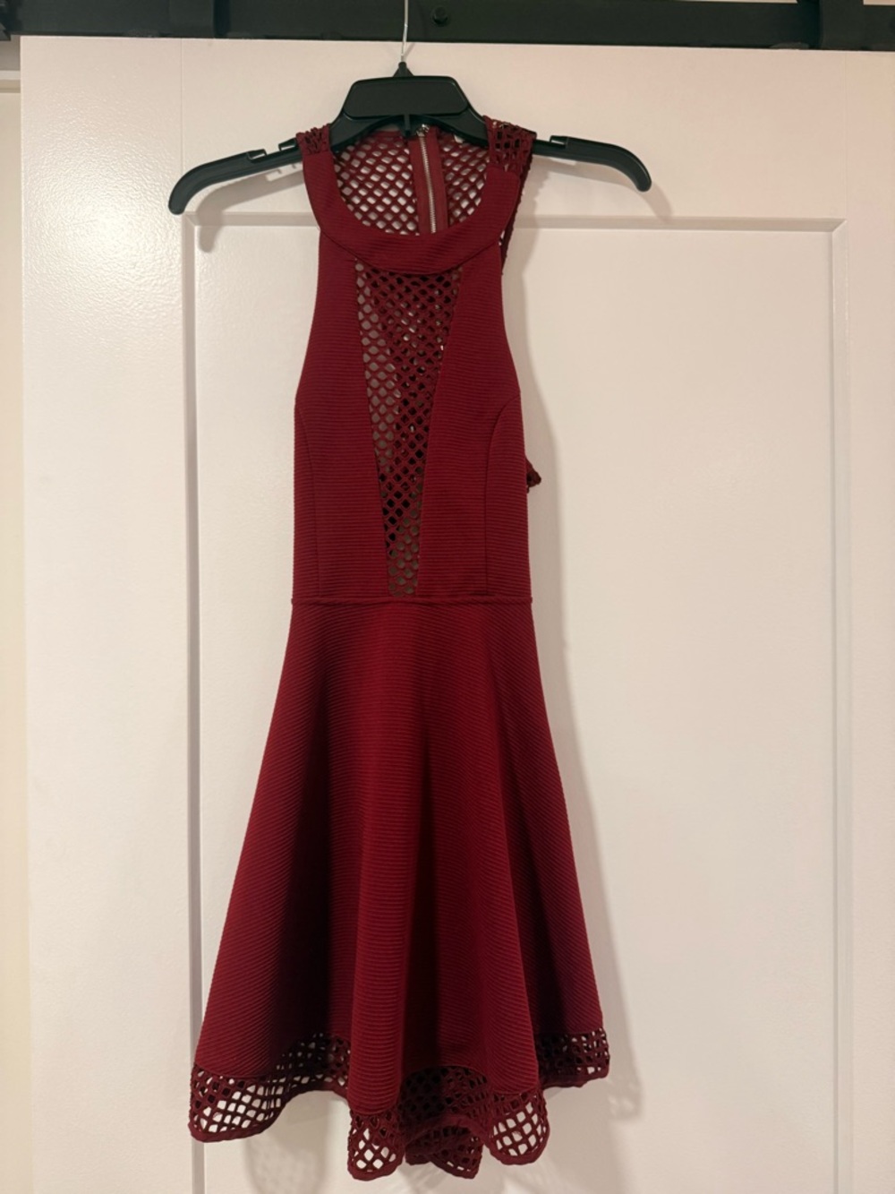 Luxxel Burgundy Knit Fit-and-Flare Dress with Crochet Insets